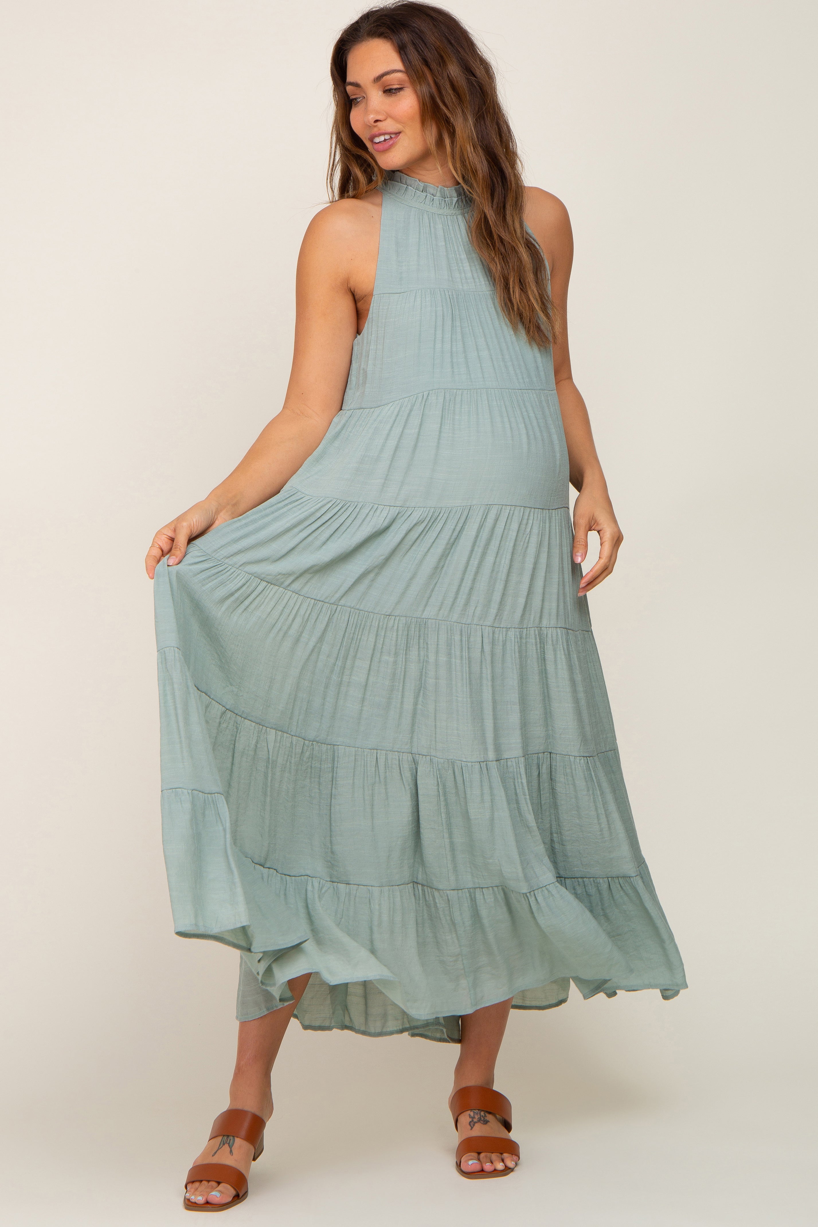 Sage Tiered High Neck Maternity Maxi Dress – PinkBlush