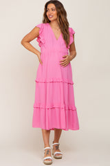 Pink Ruffle Accent Tiered Maternity Midi Dress