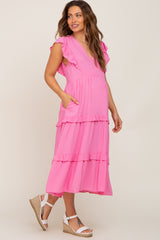 Pink Ruffle Accent Tiered Maternity Midi Dress