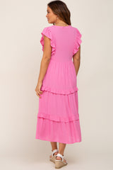 Pink Ruffle Accent Tiered Maternity Midi Dress