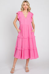 Pink Ruffle Accent Tiered Maternity Midi Dress