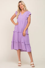 Lavender Ruffle Accent Tiered Maternity Midi Dress