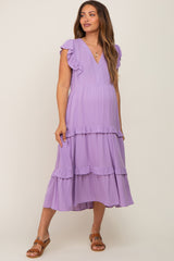 Lavender Ruffle Accent Tiered Maternity Midi Dress