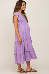 Lavender Ruffle Accent Tiered Maternity Midi Dress