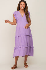 Lavender Ruffle Accent Tiered Maternity Midi Dress