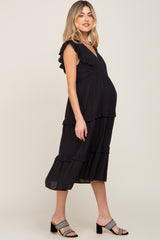 Black Ruffle Accent Tiered Maternity Midi Dress