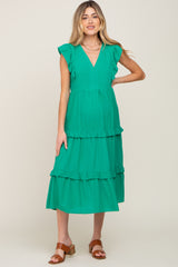 Green Ruffle Accent Tiered Maternity Midi Dress