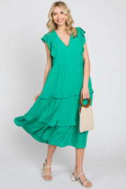 Green Ruffle Accent Tiered Midi Dress