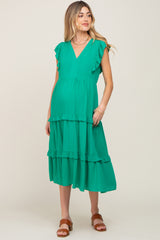 Green Ruffle Accent Tiered Maternity Midi Dress