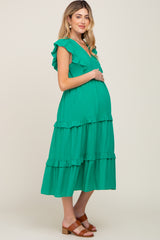 Green Ruffle Accent Tiered Maternity Midi Dress