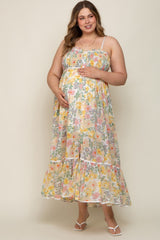 White Floral Sleeveless Button Down Plus Maternity Maxi Dress