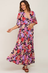 Navy Blue Floral Deep V-Neck Tiered Maternity Maxi Dress