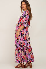 Navy Blue Floral Deep V-Neck Tiered Maternity Maxi Dress