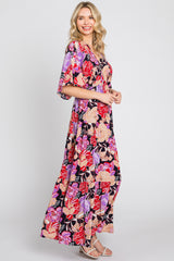 Navy Blue Floral Deep V-Neck Tiered Maxi Dress