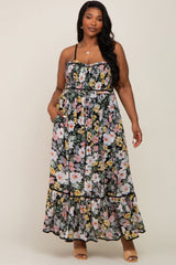 Black Floral Sleeveless Button Down Plus Maternity Maxi Dress