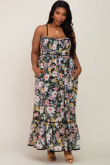 Black Floral Sleeveless Button Down Plus Maxi Dress