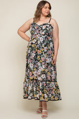 Black Floral Sleeveless Button Down Plus Maternity Maxi Dress