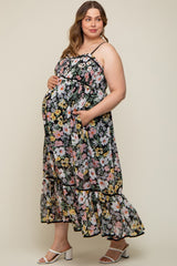 Black Floral Sleeveless Button Down Plus Maternity Maxi Dress