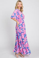 Royal Blue Floral Deep V-Neck Tiered Maxi Dress