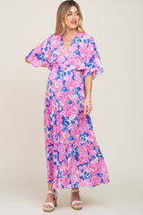 Royal Blue Floral Deep V-Neck Tiered Maternity Maxi Dress