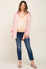 Light Pink Satin Button Up Maternity Blouse