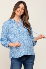 Aqua Floral Ruffle Neck Maternity Blouse