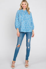 Aqua Floral Ruffle Neck Blouse