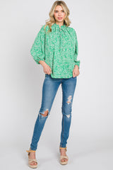 Green Floral Ruffle Neck Blouse