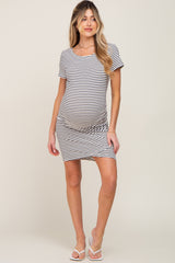 White Striped Ruched Side Short Sleeve Maternity Dress