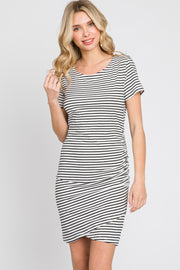 White Striped Ruched Side Short Sleeve Dress