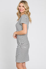 White Striped Ruched Side Short Sleeve Dress