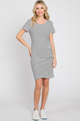 White Striped Ruched Side Short Sleeve Dress