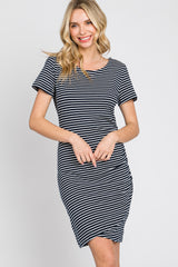 Navy Blue Striped Ruched Side Short Sleeve Maternity Dress