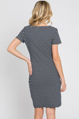 Navy Blue Striped Ruched Side Short Sleeve Dress