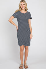 Navy Blue Striped Ruched Side Short Sleeve Dress