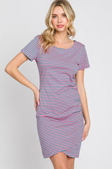 Pink Striped Ruched Side Short Sleeve Dress