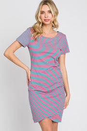 Pink Striped Ruched Side Short Sleeve Dress