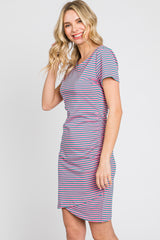 Pink Striped Ruched Side Short Sleeve Dress