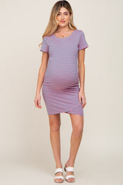 Pink Striped Ruched Side Short Sleeve Maternity Dress