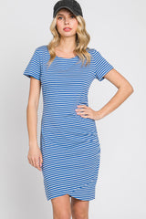 Blue Striped Ruched Side Short Sleeve Maternity Dress