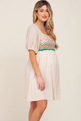 Beige Crochet Puff Sleeve Maternity Dress