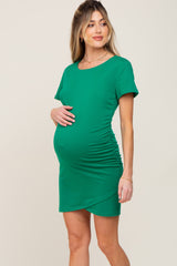 Green Short Sleeve Ruched Maternity Dress