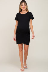 Black Short Sleeve Ruched Maternity Dress