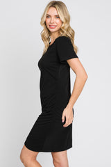 Black Short Sleeve Ruched Dress