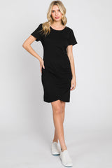 Black Short Sleeve Ruched Dress