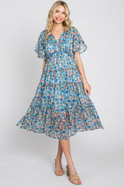 Blue Floral Metallic Striped Chiffon Ruffle Tiered Midi Dress