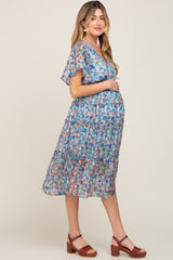 Blue Floral Metallic Striped Chiffon Ruffle Tiered Maternity Midi Dress