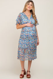 Blue Floral Metallic Striped Chiffon Ruffle Tiered Maternity Midi Dress