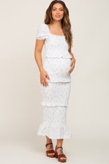 Light Blue Floral Square Neck Smocked Maternity Maxi Dress