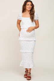 Light Blue Floral Square Neck Smocked Maternity Maxi Dress